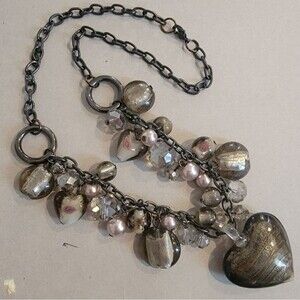 #Vintage #Boho Lampwork Glass Heart Pendant Necklace Smoky Gray Pearls Crystals